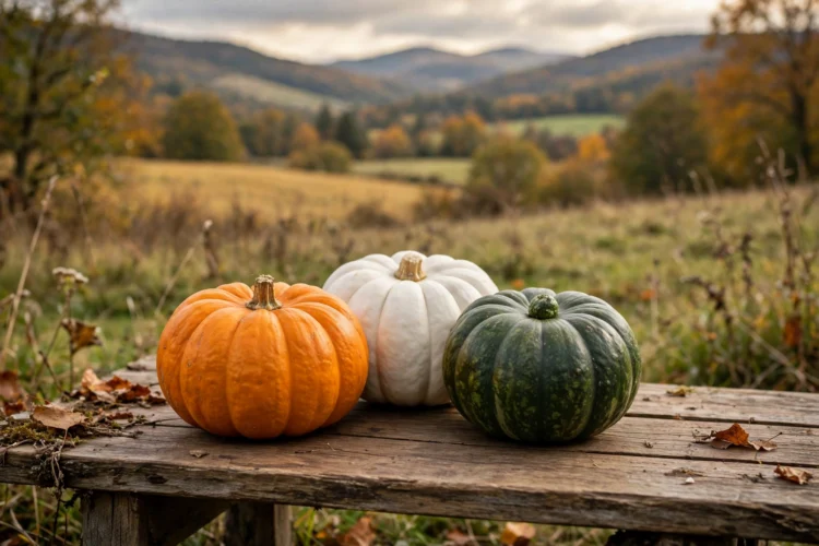 Three small pumpkins in orange, white, and green grouped on a table