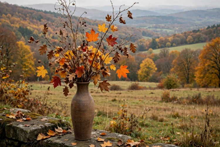 Tall vase with dried autumn branches and coloured leaves