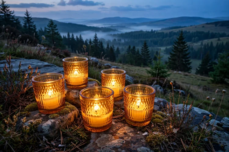 Amber glass candle holders glowing with warm golden light