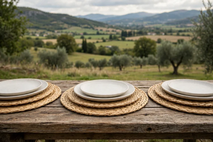 Woven placemats layered under ceramic plates on a wooden table