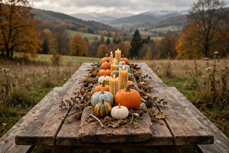 Long wooden board holding pumpkins and candles down the table centre
