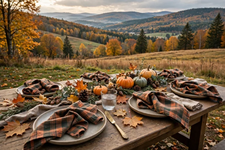 Plaid cotton napkins loosely folded on plates at a fall table