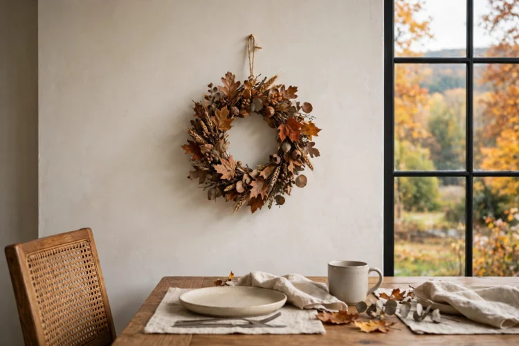 Small autumn wreath of dried leaves hanging on a dining room wall