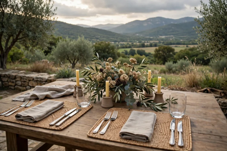 Dining table kept set with placemats and centrepiece between meals