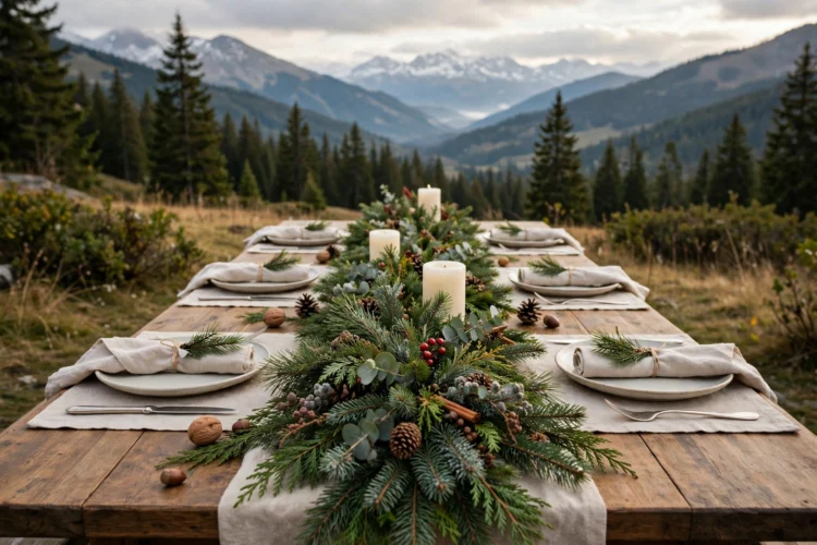 Fresh pine garland running down the centre of a Christmas table
