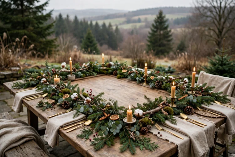 Christmas table with clear space in the centre for serving dishes