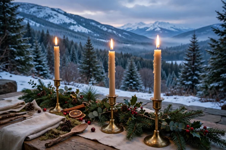 Taper candles in brass holders glowing on a Christmas table