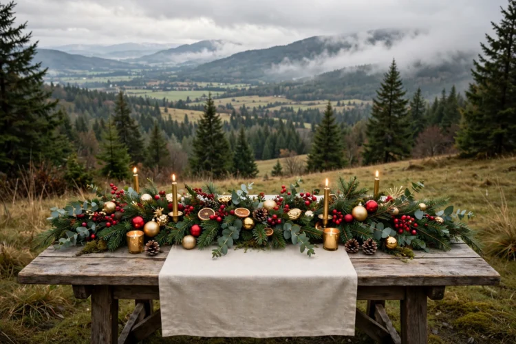 Christmas table in red, green, and gold with a plain runner