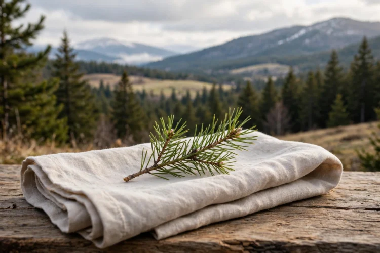 Small pine sprig laid across a napkin at a Christmas place setting
