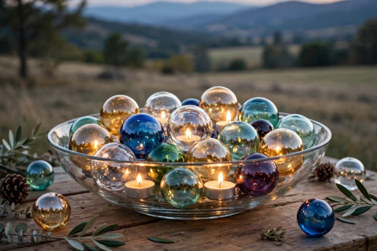 Wide bowl of glass baubles catching candlelight on a table