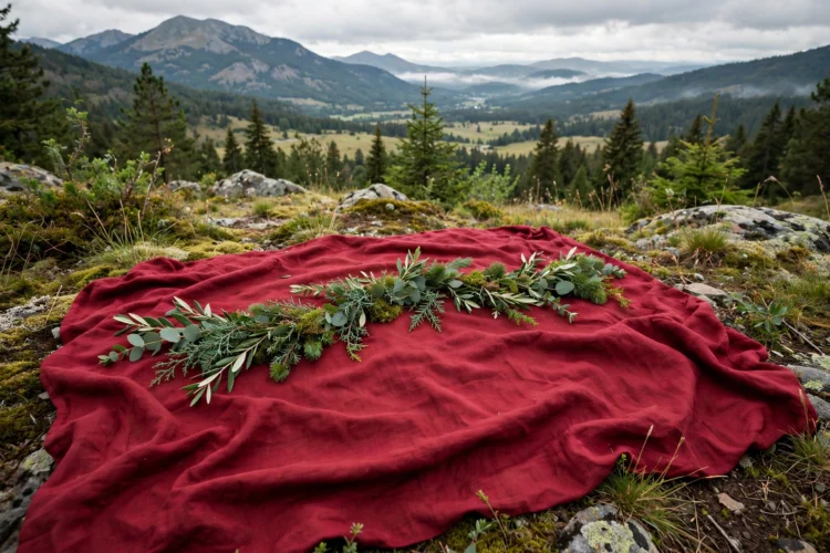 Deep red tablecloth with a simple greenery garland on top