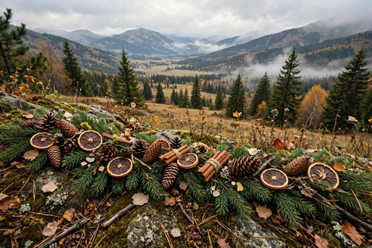 Pinecones, dried orange slices, and cinnamon sticks along a garland