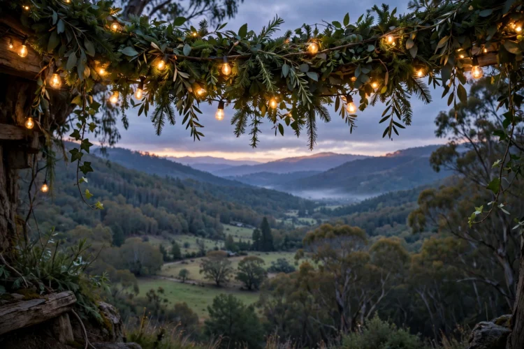 Warm fairy lights glowing under a greenery garland at dusk