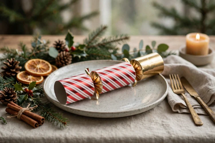 Christmas cracker laid across a plate at a festive place setting