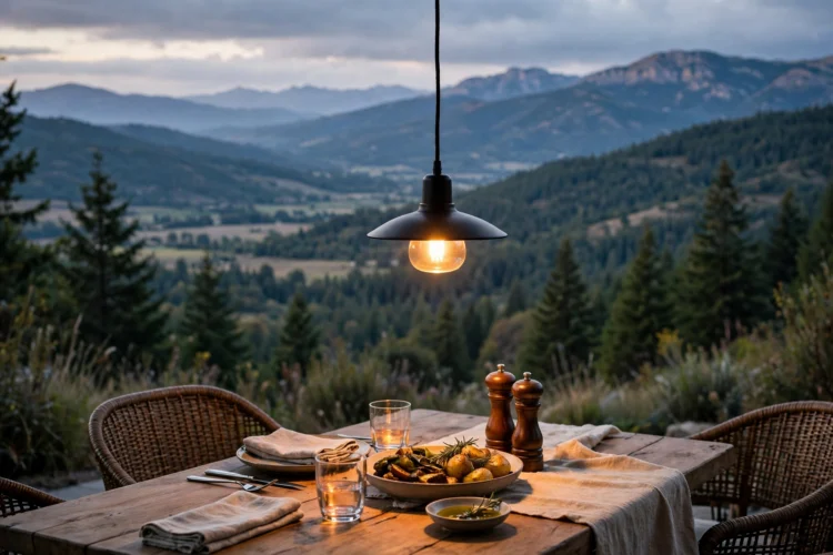 Pendant light hung low over a dining table glowing warmly