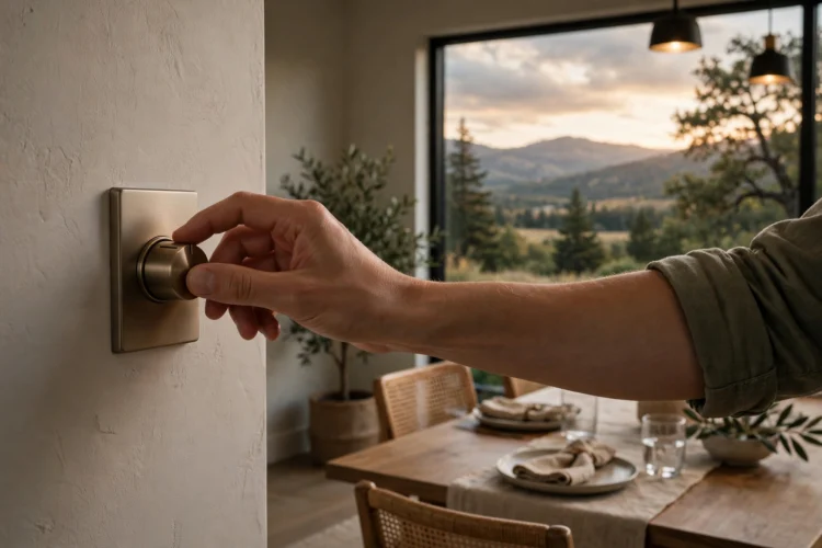 Hand adjusting a dimmer switch to soften dining room light