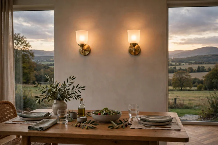 Pair of wall lights glowing softly on a dining room wall