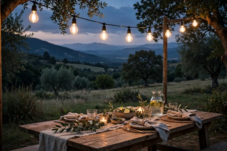 Warm white light bulbs glowing over a dining table at dusk