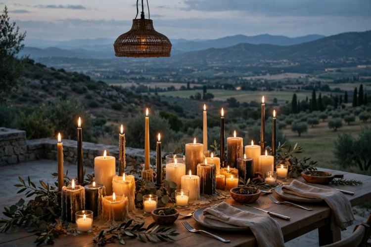 Candles layered with dimmed overhead light on a dinner table