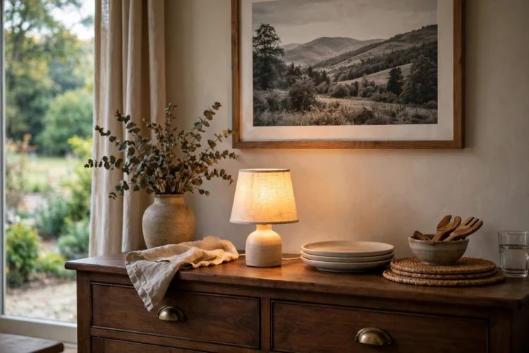 Small lamp with fabric shade glowing on a dining room sideboard