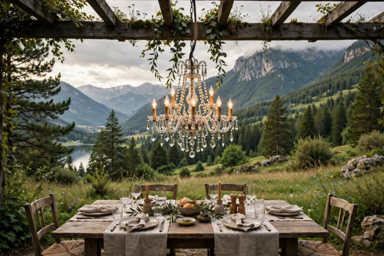Chandelier as focal point hanging over a dining table