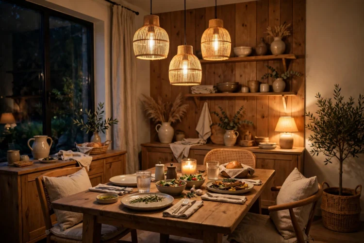Cozy dining room with layered warm lighting for a weeknight dinner