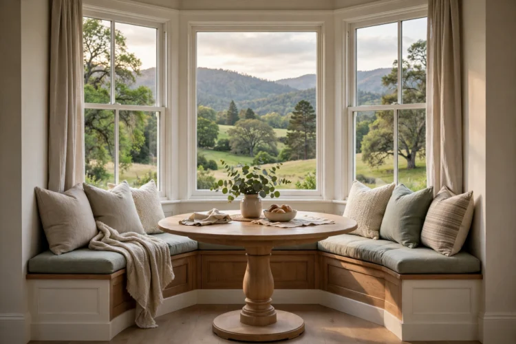 Bay window dining nook with built-in bench and round pedestal table