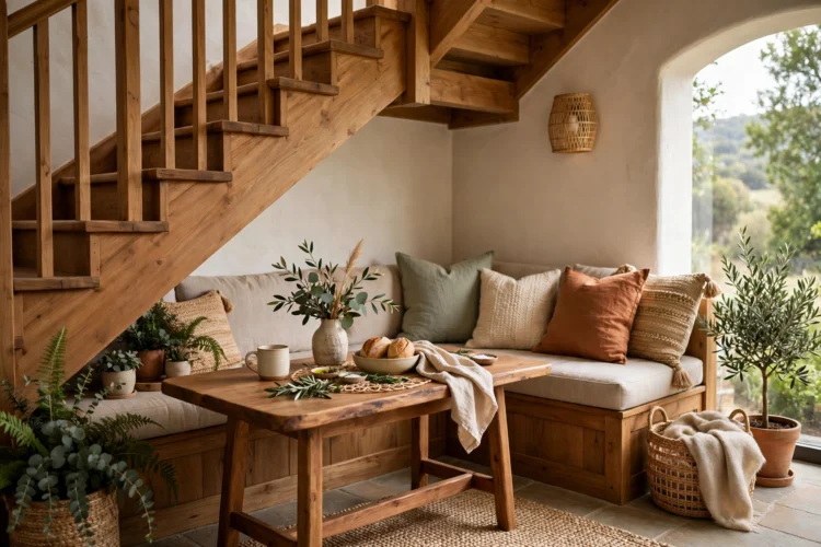 Cozy dining nook tucked under a staircase with bench seating