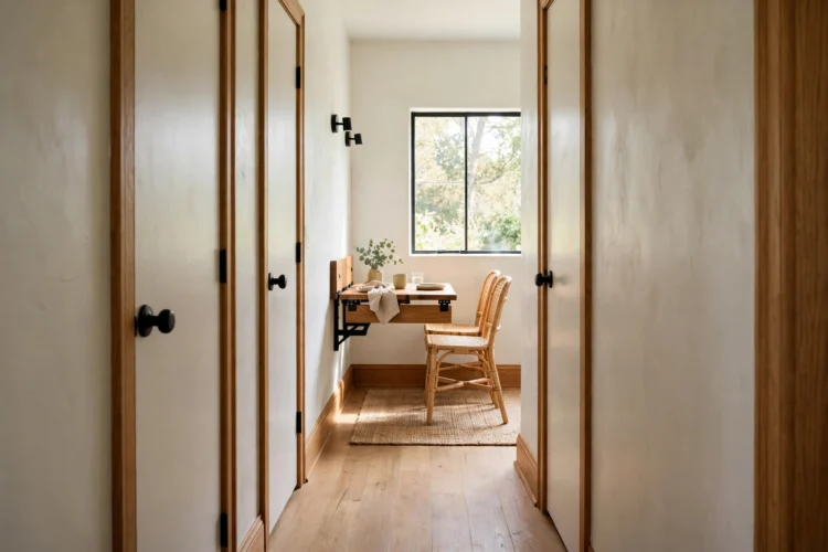 Small dining nook at the end of a hallway with fold-down table