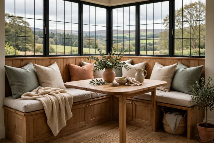 Corner banquette dining nook with storage benches and cushions