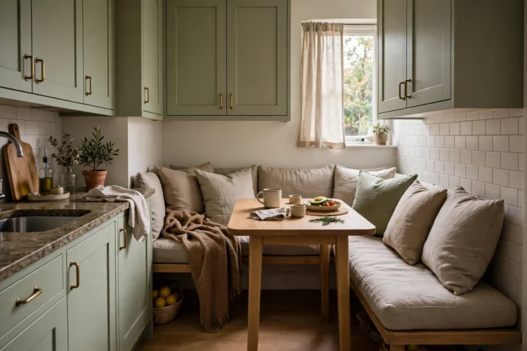 L-shaped bench dining nook in a tight kitchen corner
