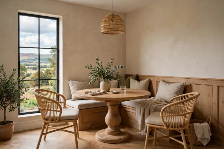 Round pedestal table dining nook in an angled room corner