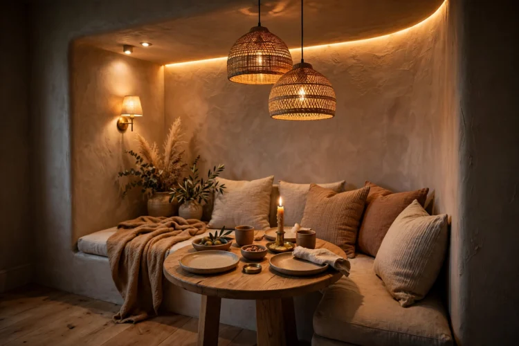 Windowless alcove dining nook with warm layered lighting