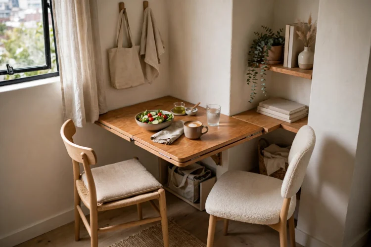 Fold-down wall table dining nook for a tiny apartment corner