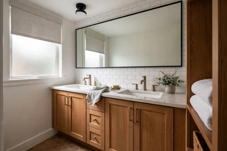 Small bathroom with double vanity along the long wall