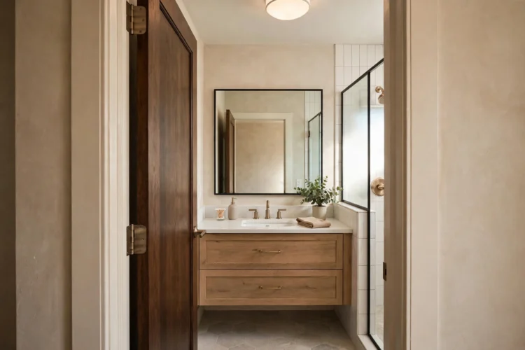 Bathroom entry view showing vanity and mirror opposite the door