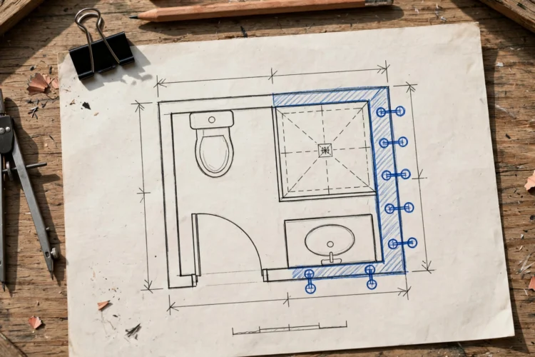 Measured small bathroom floor plan sketch with plumbing wall marked