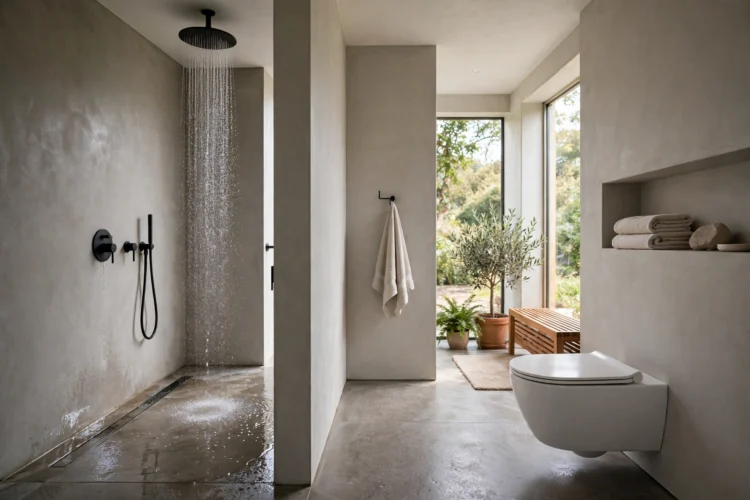 Wet room bathroom layout with open shower area and wall-hung toilet