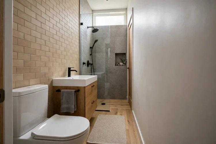 Narrow single-wall bathroom layout with fixtures along one wall