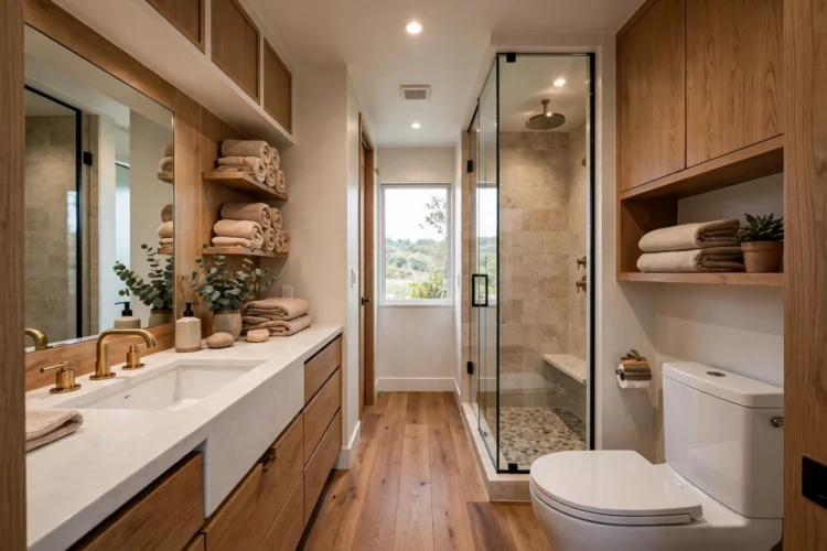 Galley bathroom layout with fixtures on two facing walls