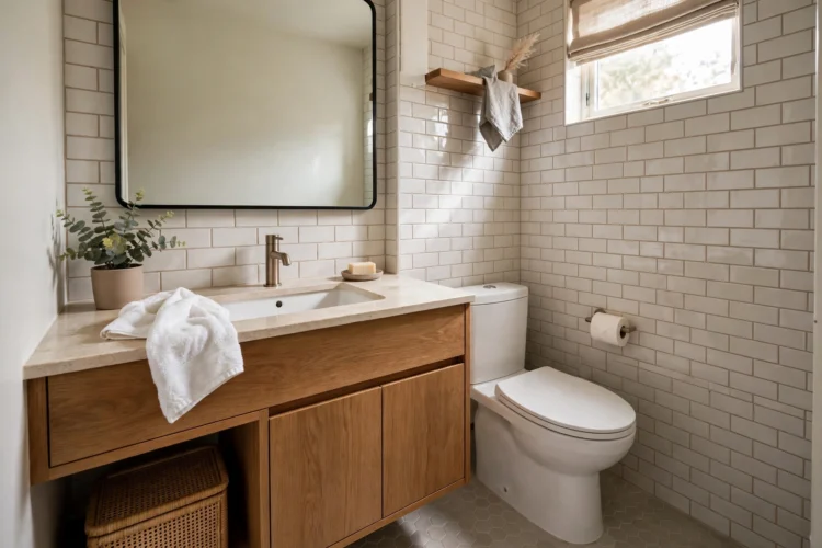 Small bathroom with vanity on the long wall and toilet beside it