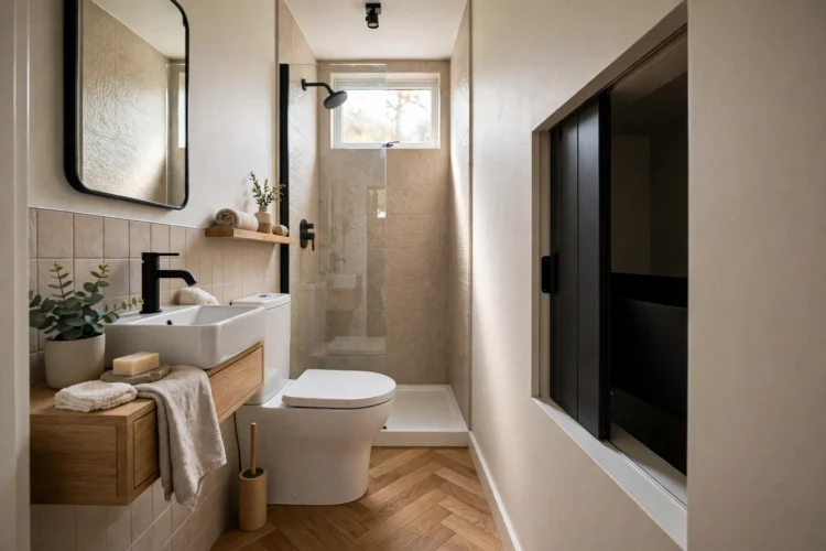 Small bathroom with pocket door reclaiming floor space