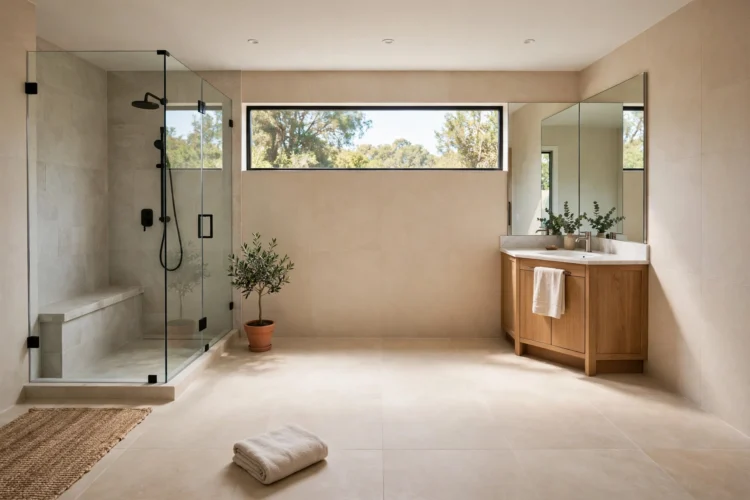 Square bathroom with corner vanity and open center floor