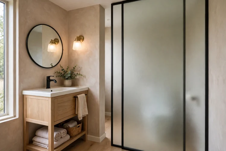Small bathroom with frosted glass partition hiding the toilet zone