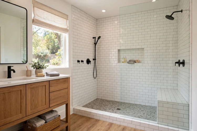 Walk-in shower replacing a tub along the same bathroom wall