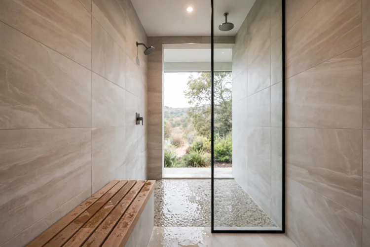Walk-in shower with large-format porcelain tile walls