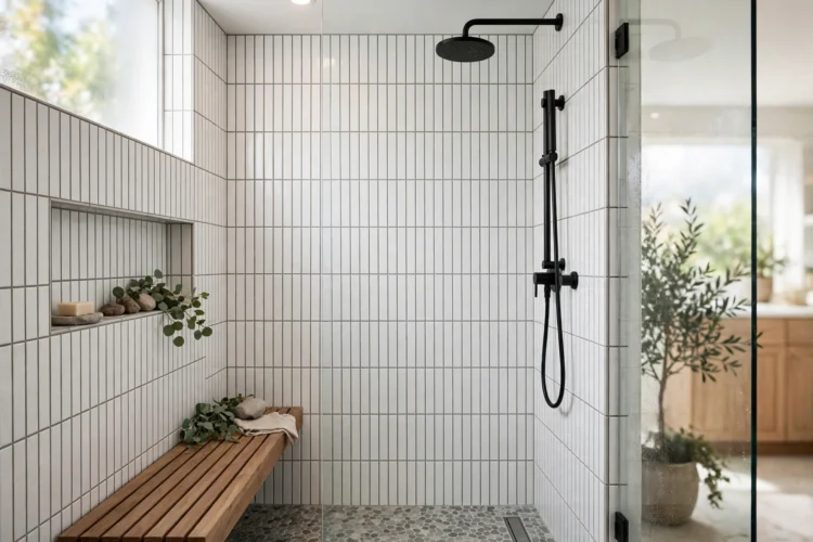 Vertical stack subway tile pattern in a walk-in shower
