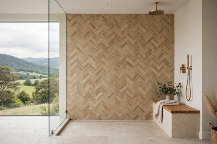 Herringbone tile accent wall inside a curbless shower