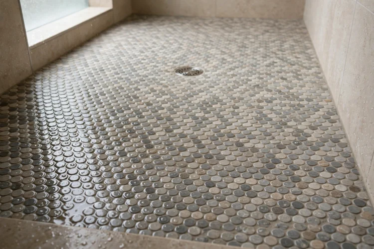 Mosaic penny round tile floor in a walk-in shower