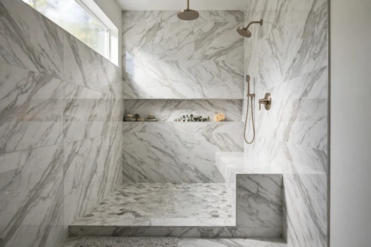 Marble-look porcelain tile walls in a luxury walk-in shower